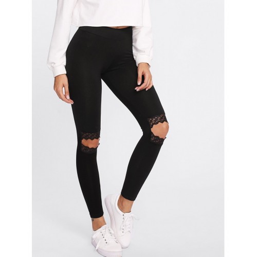 Knee Cutout Embroidered Mesh Insert Leggings