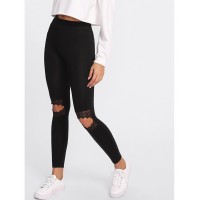 Knee Cutout Embroidered Mesh Insert Leggings