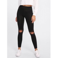 Knee Cutout Embroidered Mesh Insert Leggings