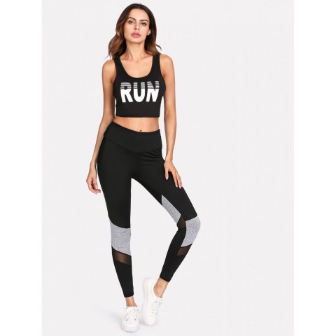 Contrast Marled Mesh Insert Leggings