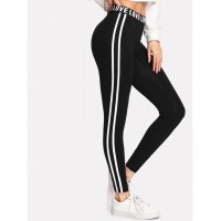 Letter Print Waist Striped Side Leggings