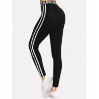 Letter Print Waist Striped Side Leggings