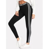 Letter Print Waist Striped Side Leggings