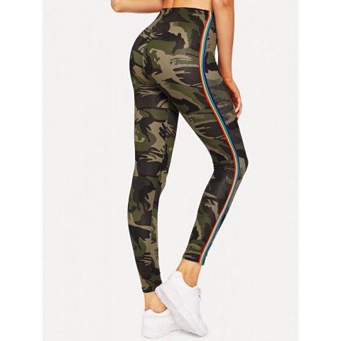 Camo Print Striped Tape Side Leggings