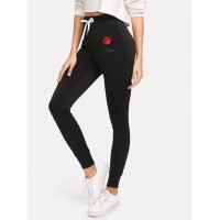 Rose Appliques Drawstring Skinny Pants