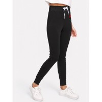 Rose Appliques Drawstring Skinny Pants