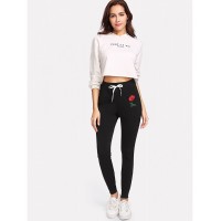 Rose Appliques Drawstring Skinny Pants