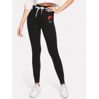 Rose Appliques Drawstring Skinny Pants