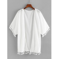 Fringe Trim Open Front Kimono