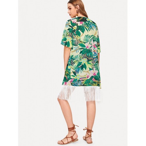 Tropical &amp;amp; Chain Print Fringe Kimono