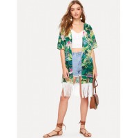 Tropical &amp;amp; Chain Print Fringe Kimono