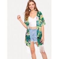 Tropical &amp;amp; Chain Print Fringe Kimono