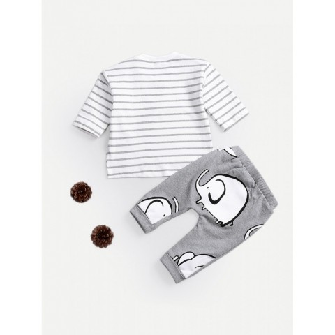 Baby Cartoon Print Striped Top With Pants