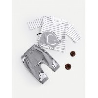 Baby Cartoon Print Striped Top With Pants