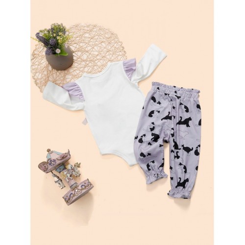 Baby Frill Trim Cat Pattern Top &amp;amp; Pants