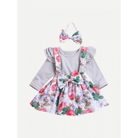 Baby Ruffle Trim Top &amp;amp; Floral Print Pinafore Skirt &amp;amp; Headband