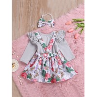 Baby Ruffle Trim Top &amp;amp; Floral Print Pinafore Skirt &amp;amp; Headband