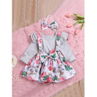 Baby Ruffle Trim Top &amp;amp; Floral Print Pinafore Skirt &amp;amp; Headband