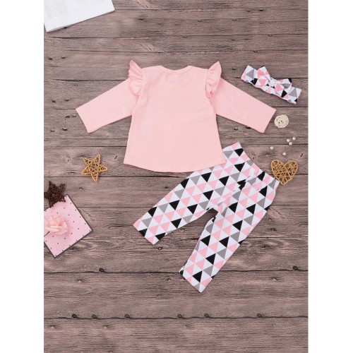 Baby Frill Trim Letter Print Tee &amp;amp; Triangle Print Pants &amp;amp; Headband