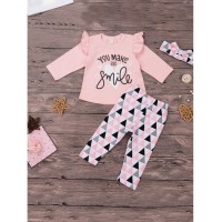 Baby Frill Trim Letter Print Tee &amp;amp; Triangle Print Pants &amp;amp; Headband