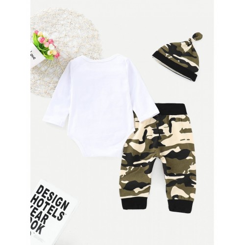 Baby Letter Print Jumpsuit &amp;amp; Camo Print Pants &amp;amp; Hat