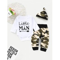 Baby Letter Print Jumpsuit &amp;amp; Camo Print Pants &amp;amp; Hat