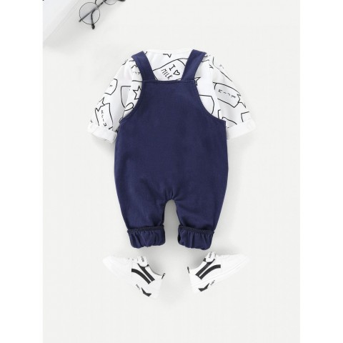 Baby Letter Print Tee With Cartoon Embroidery Overalls