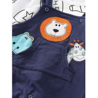 Baby Letter Print Tee With Cartoon Embroidery Overalls