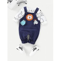 Baby Letter Print Tee With Cartoon Embroidery Overalls