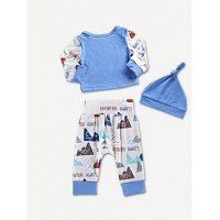 Baby Mountain Print Top &amp;amp; Bow Front Pants &amp;amp; Hat