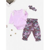 Baby Contrast Lace Eyelet Jumpsuit &amp;amp; Floral Print Pants &amp;amp; Headband