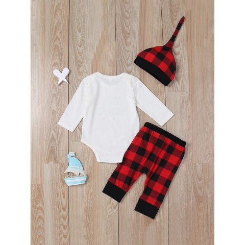 Baby Slogan Print Jumpsuit &amp;amp; Check Plaid Pants &amp;amp; Hat