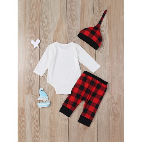 Baby Slogan Print Jumpsuit &amp;amp; Check Plaid Pants &amp;amp; Hat