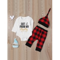 Baby Slogan Print Jumpsuit &amp;amp; Check Plaid Pants &amp;amp; Hat