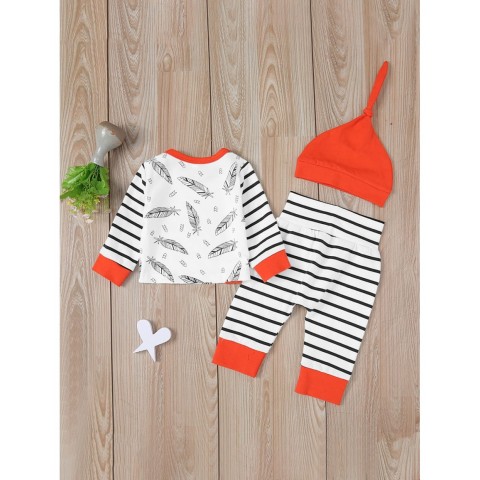 Baby Feather And Stripe Print Tee &amp;amp; Pants &amp;amp; Hat