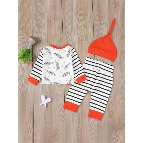 Baby Feather And Stripe Print Tee &amp;amp; Pants &amp;amp; Hat