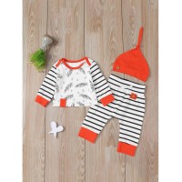 Baby Feather And Stripe Print Tee &amp;amp; Pants &amp;amp; Hat