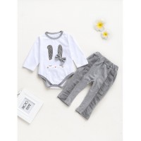 Baby Rabbit Print Jumpsuit With Contrast Mesh Pants